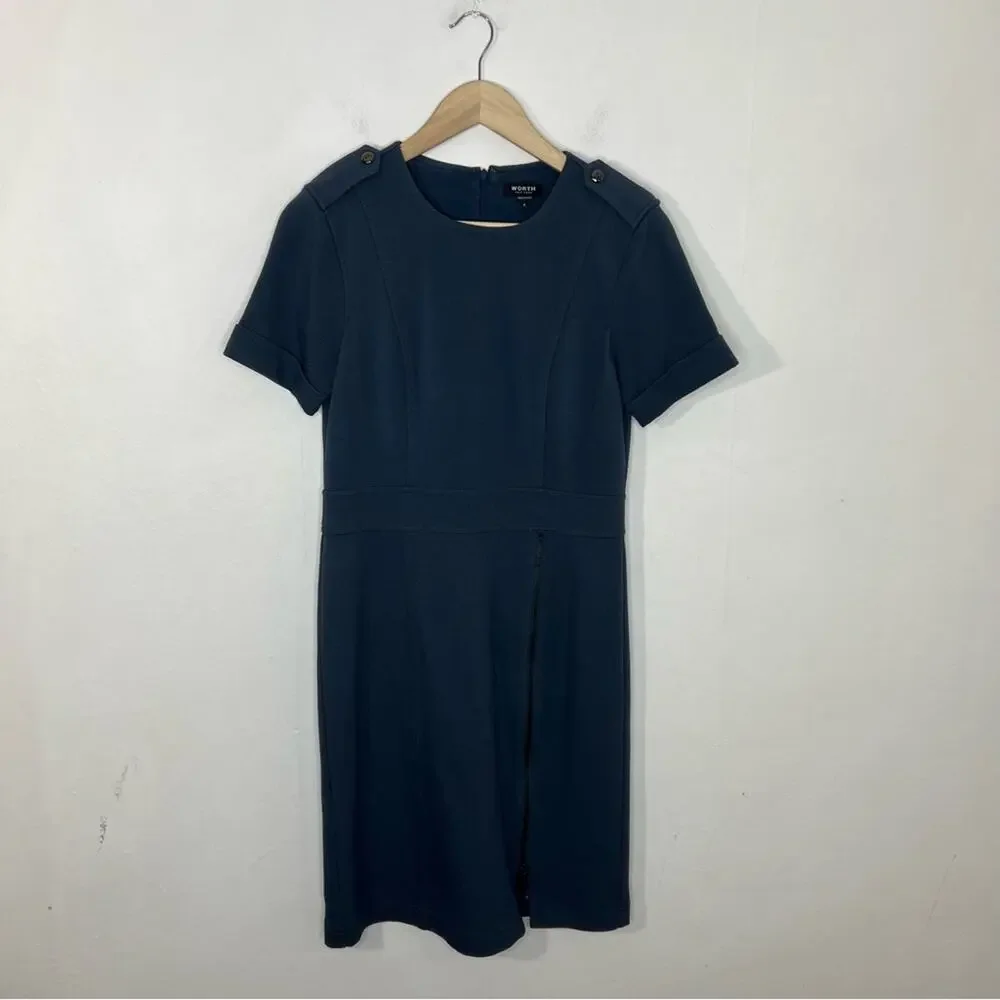 Worth New York Blue Zipper Front Ponte Knit Cuffed Short Sleeve Dress Size 6